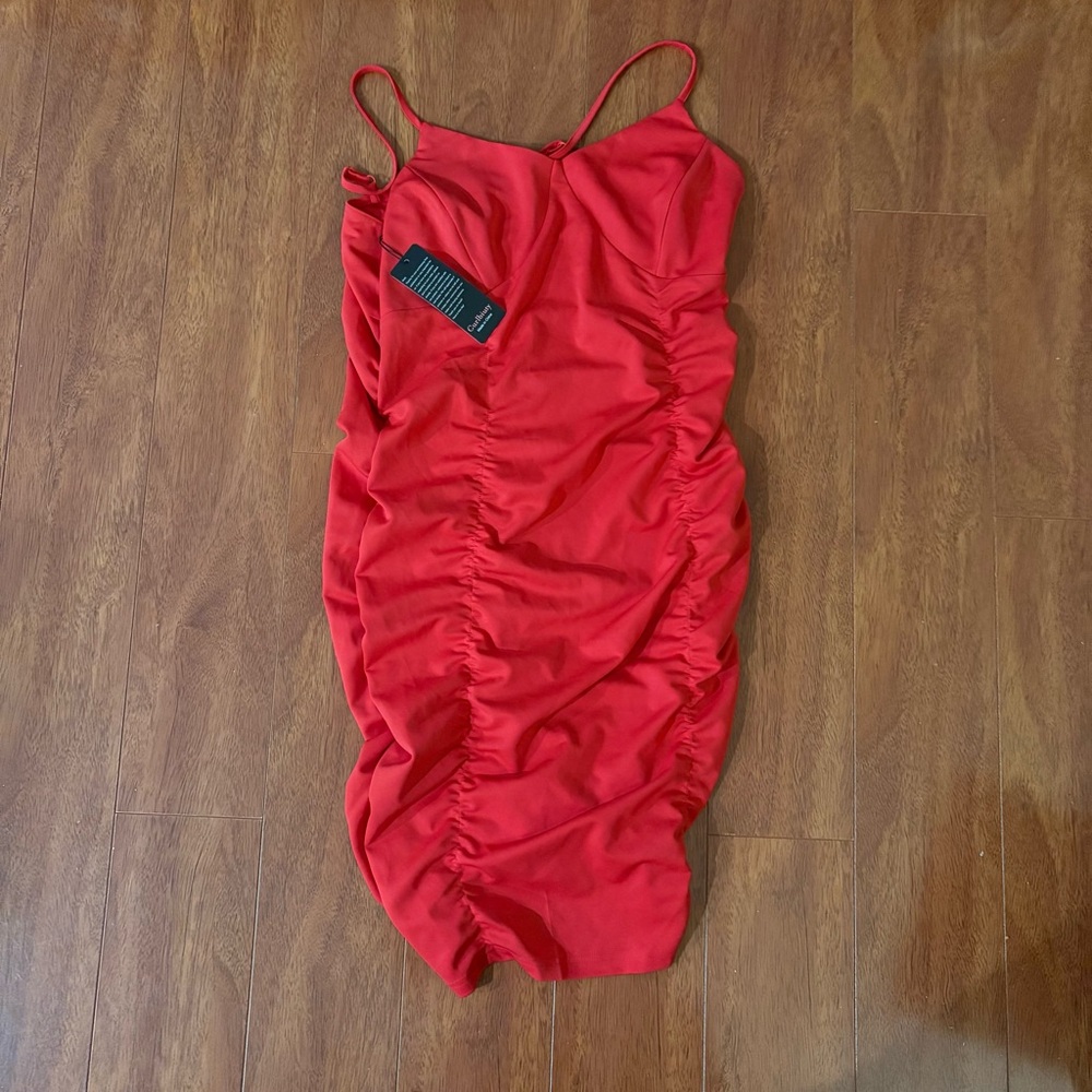 Curlbiuty Red Spaghetti Strap Ruched Dress